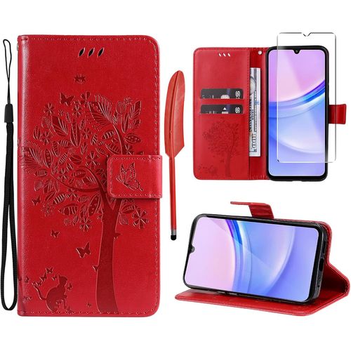 Étui Portefeuille Samsung Galaxy A15 4g/5g - Flip Pu Cuir + Coque Tpu, 1x Verre Trempé Inclus, Fermeture Magnétique, Rangements Cartes, Support - Rouge
