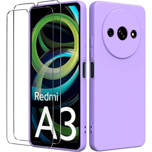 Bin Case For Xiaomi Redmi A3 4g (6.71 Inches) With 2 Tempered Glass Screen Protectors, Soft Tpu Silicone Shockproof Bumper Case Cover - Purple