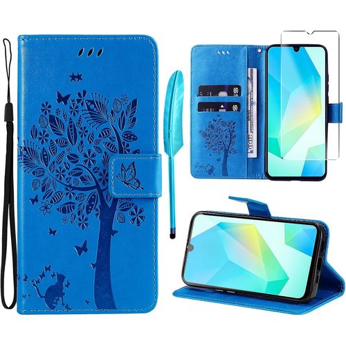 Case For Samsung Galaxy A16 4g / 5g [1 X Tempered Glass] Folio Protective Case Cover Pu Leather Wallet Silicone [Magnetic Closure][Card Slots][Stand Feature] - Blue