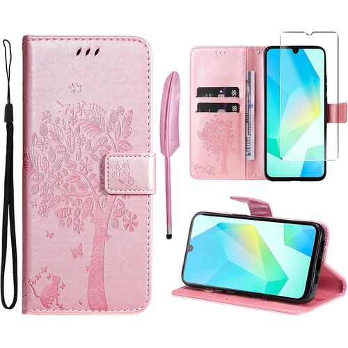 Case For Samsung Galaxy A16 4g / 5g [1 X Tempered Glass] Folio Protective Case Cover Pu Leather Wallet Silicone [Magnetic Closure][Card Slots][Stand Feature] - Pink