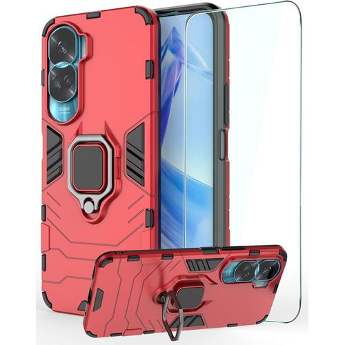 Case For Honor 90 Lite 5g, Shockproof Case With Ring + Tempered Glass, Anti-Vibration Protective Cover, Silicone Tpu Case Cover Bumper Screen Protector ¿ Red