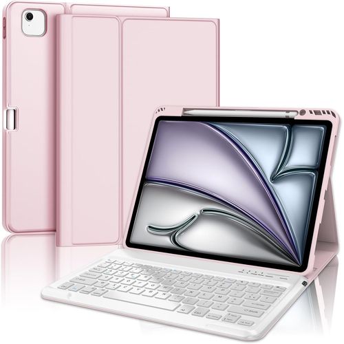 Coque Clavier Pour Ipad Air 13"" (M3) 2025, Azerty Français - Étui Ipad Air 13 Pouces Avec Fente Pour Stylo, Clavier Détachable Sans Fil Bluetooth, Rose Clair