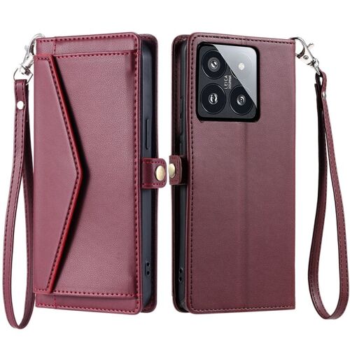 Étui en cuir pour Xiaomi 14 Pro avec porte-cartes et lanière, Vin rouge