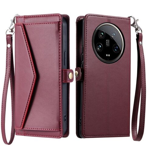 Étui En Cuir Pour Xiaomi 14 Ultra 5g Avec Porte-Cartes Et Lanière, Vin Rouge