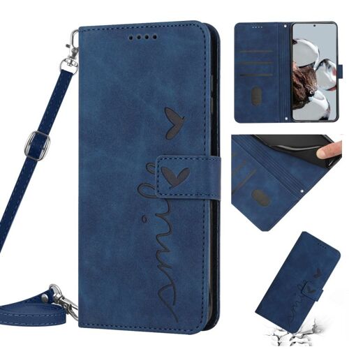 Coque en Cuir avec Motif Coeur pour Xiaomi 12T/12T Pro/Redmi K50 Ultra avec Lanière, Bleu