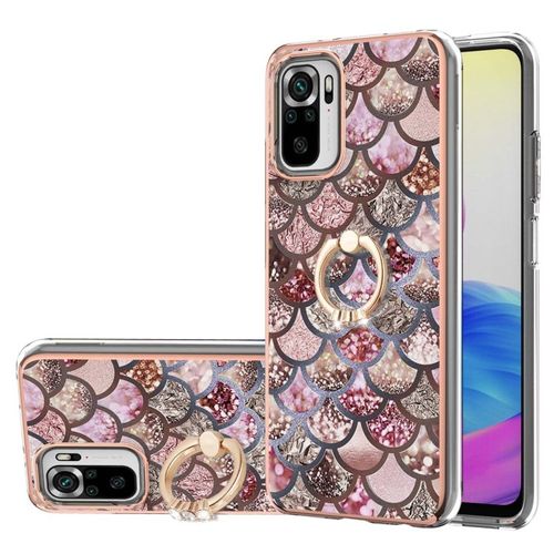 Coque Shockproof Imd Tpu Avec Motif Électroplaqué Et Support Anneau En Rhinestone Pour Xiaomi Redmi Note 10, Écailles Roses