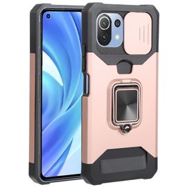 Coque De Téléphone Xiaomi Mi 11 Lite Avec Design De Couverture Coulissante, En Pc + Tpu, Antichoc, Avec Support Et Emplacement Pour Carte., Or Rose