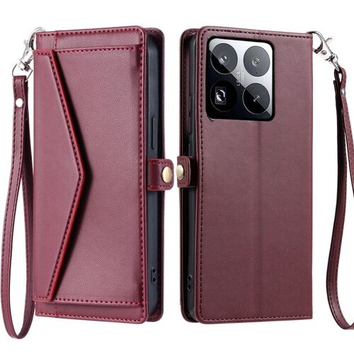 Étui en cuir pour Xiaomi 15 Pro avec porte-cartes et lanière, Vin rouge