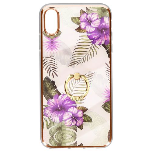 Coque iPhone XS Max Bi-matière avec Bague de Maintien Motif Fleurs Violet