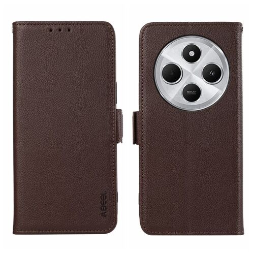 Coque En Cuir Rfid Pour Redmi 14c 4g Abeel Avec Motif Litchi Et Aimant Latéral, Brun