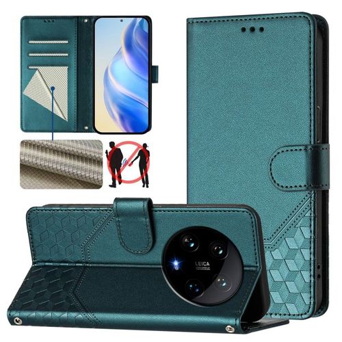 Coque En Cuir Rfid À Motif Nid D'abeille Pour Xiaomi 14 Ultra 5g, Vert Paon