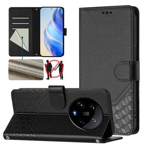Coque En Cuir Rfid À Motif Nid D'abeille Pour Xiaomi 14 Ultra 5g, Noir