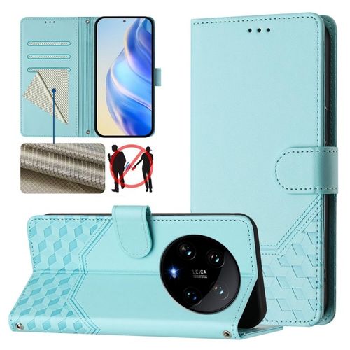 Coque En Cuir Rfid À Motif Nid D'abeille Pour Xiaomi 14 Ultra 5g, Vert Menthe