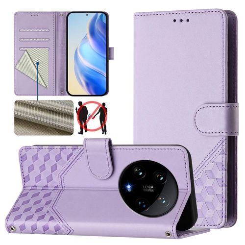 Coque En Cuir Rfid À Motif Nid D'abeille Pour Xiaomi 14 Ultra 5g, Violet Clair