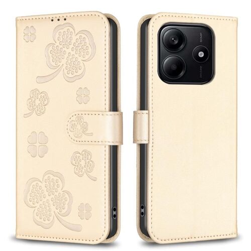 Coque En Cuir Embossé À Quatre Feuilles Pour Redmi Note 14 4g, Or