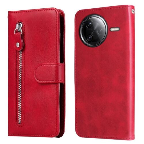 Coque En Cuir Zippée Pour Redmi K80 Pro, Texture Cuir De Veau, Rouge