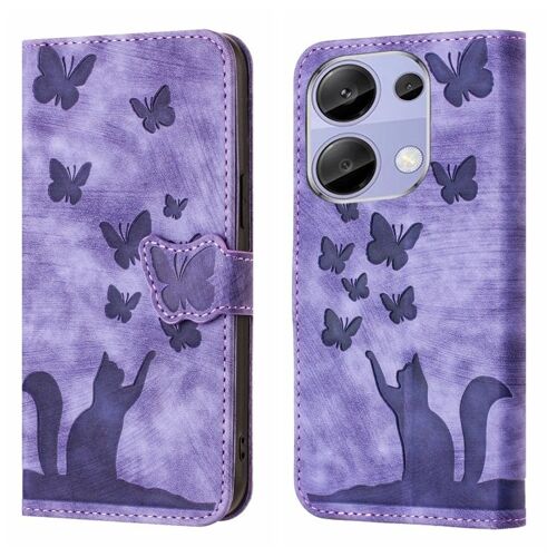 Coque En Cuir À Rabat Avec Embossage Papillon Et Chat Pour Xiaomi Redmi Note 13 Pro 4g, Violet