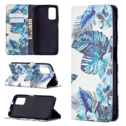 Étui En Cuir Pu Pour Xiaomi Poco M3 Avec Motif Coloré, Support, Emplacements Pour Cartes Et Portefeuille, Feuille Bleue
