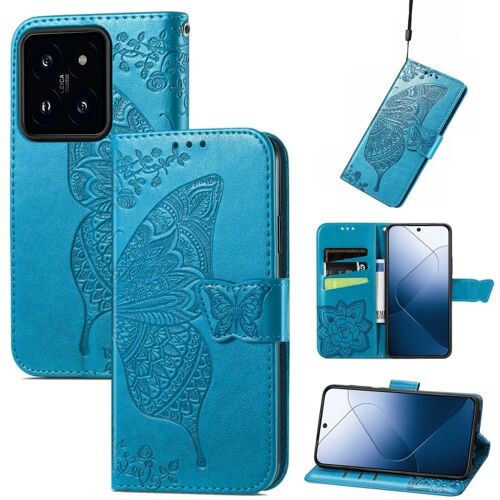 Coque En Cuir Embossée Butterfly Love Pour Xiaomi 14, Bleu