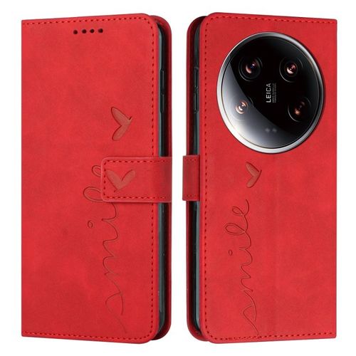 Coque En Cuir Embossée Pour Xiaomi 14 Ultra Avec Lanière, Rouge