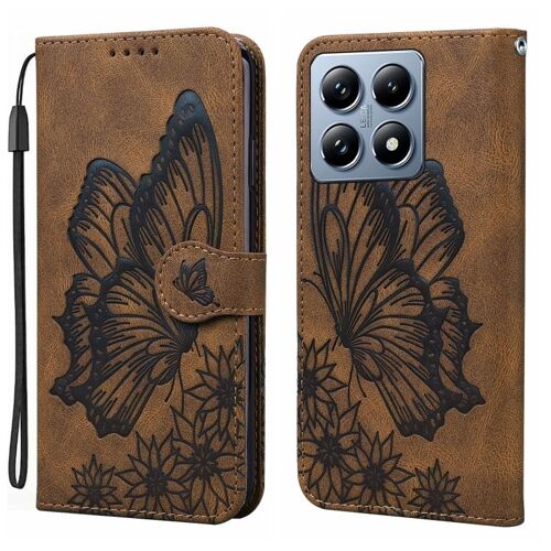 Coque En Cuir À Rabat Pour Xiaomi 14t Pro Avec Motif Papillons, Brun