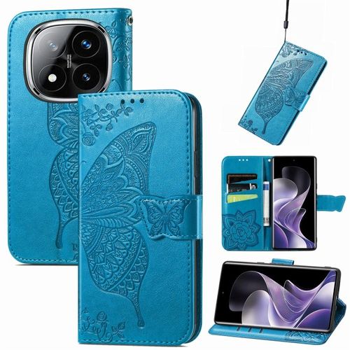 Coque En Cuir Embossée Papillon Et Fleurs Pour Xiaomi Redmi Note 14 Pro 5g, Bleu