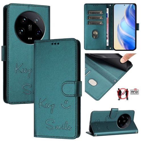 Coque En Cuir Rfid Embossée Pour Xiaomi 14 Ultra, Vert Paon
