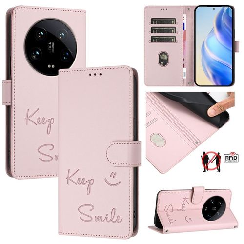 Coque En Cuir Rfid Embossée Pour Xiaomi 14 Ultra, Rose
