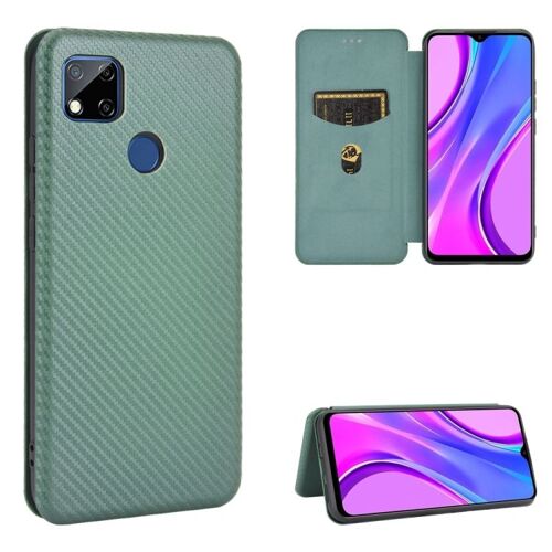 Étui Horizontal En Carbone Pour Xiaomi Redmi 9c Avec Emplacement Pour Carte, Vert