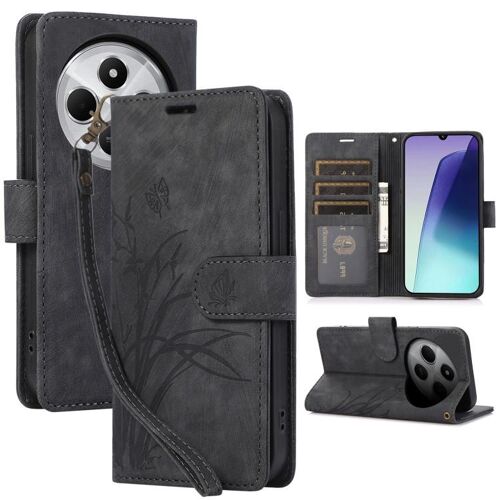 Coque En Cuir Embossé Orchidée Pour Redmi 14c 4g / Poco C75, Noir