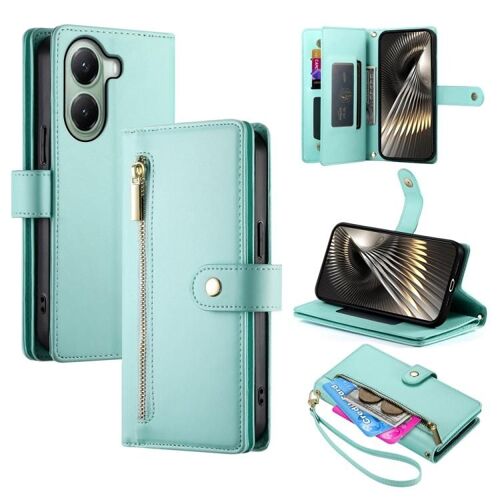 Étui En Cuir Avec Fermeture Éclair Pour Xiaomi Poco X7 Pro / Redmi Turbo 4 Avec 9 Emplacements Pour Cartes, Vert Menthe