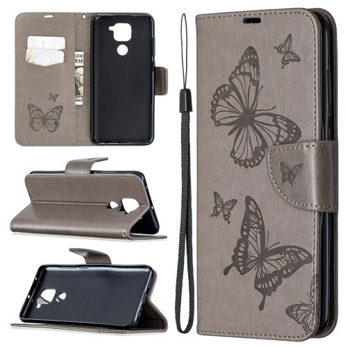 Étui En Cuir À Rabat Pour Xiaomi Redmi Note 9 Avec Motif Papillons, Support, Emplacement Pour Carte Et Lanière, Gris