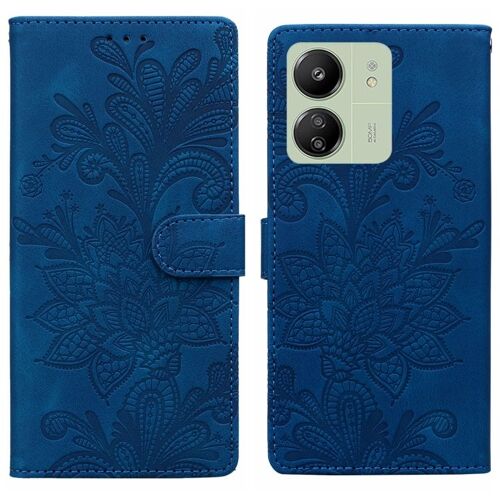 Coque En Pu Avec Boucle Magnétique Et Bracelet Pour Redmi 14c, Motif Floral En Relief, Bleu