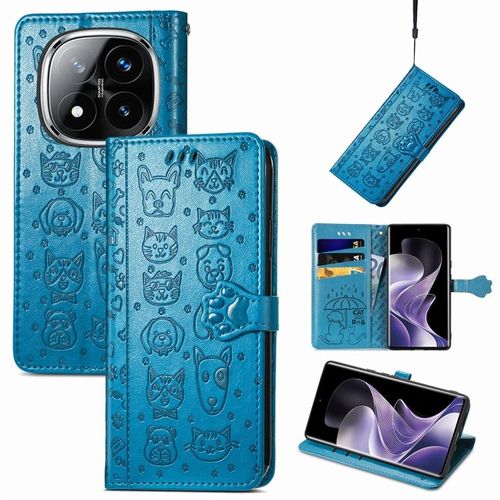 Coque En Cuir Embossé Pour Xiaomi Redmi Note 14 Pro 5g - Chats Et Chiens, Bleu