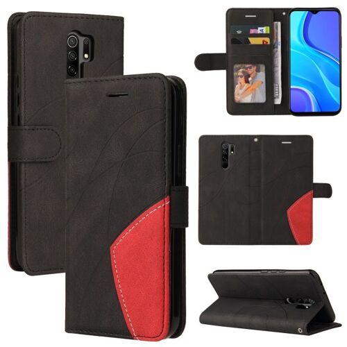 Étui En Cuir Pu À Rabat Horizontal Bicolore Pour Xiaomi Redmi 9 Avec Support Et Emplacements Pour Cartes, Noir