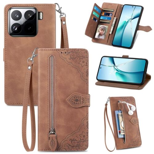 Coque En Cuir Zippée Avec Fleurs En Relief Pour Xiaomi 15, Brun