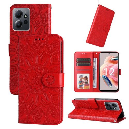 Coque En Cuir Embossée Tournesol Pour Xiaomi Redmi Note 12 4g, Rouge