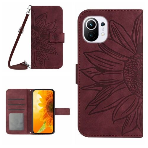 Coque En Cuir Flip Avec Motif Tournesol Pour Xiaomi Mi 11 Lite, Vin Rouge
