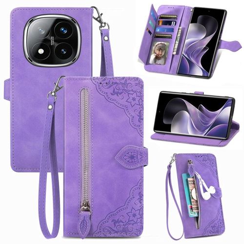 Coque En Cuir Zippée Avec Fleurs En Relief Pour Xiaomi Redmi Note 14 Pro 5g, Violet