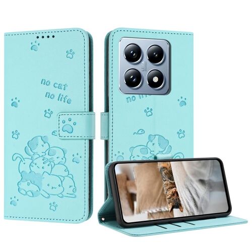 Coque En Cuir Pour Xiaomi 14t Avec Lanière - Motif Chat, Vert Menthe