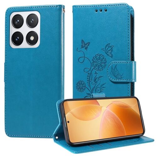 Coque En Cuir Avec Fleurs Papillon Pour Xiaomi 14t Pro, Bleu