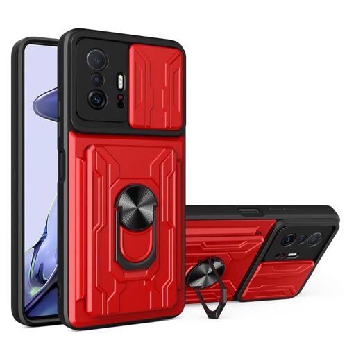 Coque De Téléphone Pour Xiaomi 11t Avec Emplacement Pour Carte Et Support, Rouge