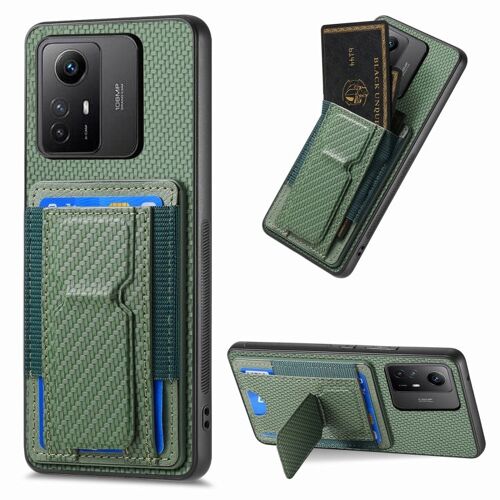 Coque En Fibre De Carbone Avec Support Pliable Et Porte-Cartes Pour Xiaomi Redmi Note 12s, Vert