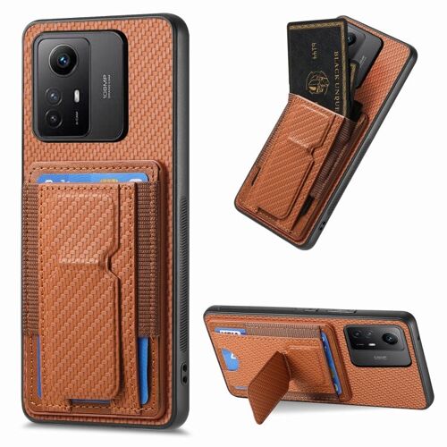 Coque En Fibre De Carbone Avec Support Pliable Et Porte-Cartes Pour Xiaomi Redmi Note 12s, Brun