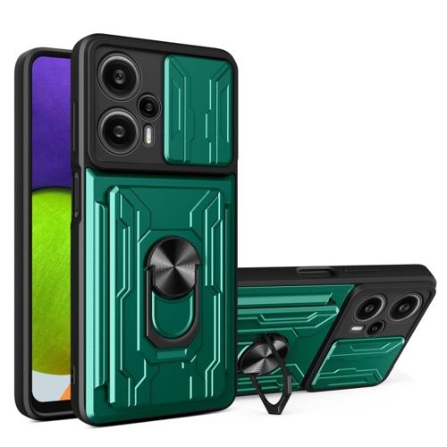 Coque Sliding Camshield Tpu+Pc Pour Redmi Note 12 Turbo / Poco F5 Avec Emplacement Pour Carte, Vert Foncé