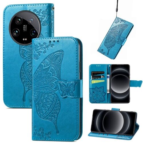 Coque En Cuir Embossée Butterfly Love Pour Xiaomi 14 Ultra, Bleu