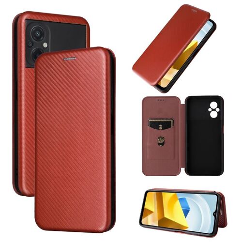 Coque En Cuir Texture Carbone Pour Xiaomi Poco M5 4g, Brun