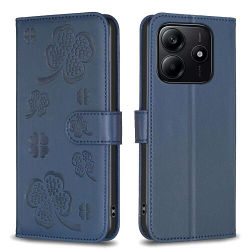 Coque En Cuir Embossé À Quatre Feuilles Pour Redmi Note 14 4g, Bleu