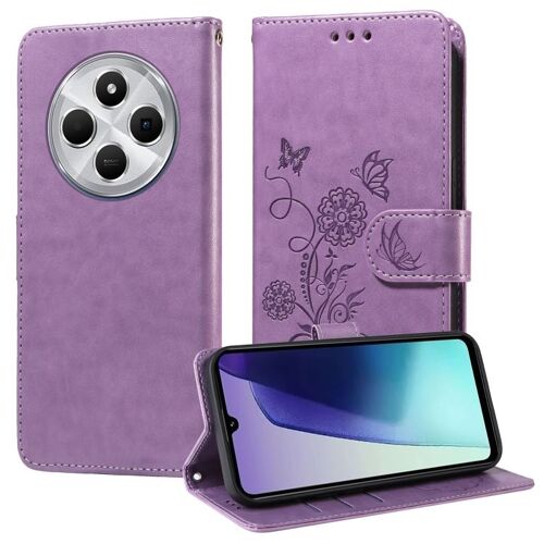 Coque En Cuir Avec Fleurs Papillon Pour Redmi 14c, Violet