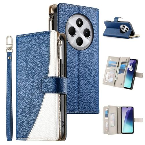 Étui En Cuir Zippé Multi-Cartes Pour Redmi 14c 4g / 14r / A4 5g / A3 Pro Avec Sangle Courte, Bleu Foncé